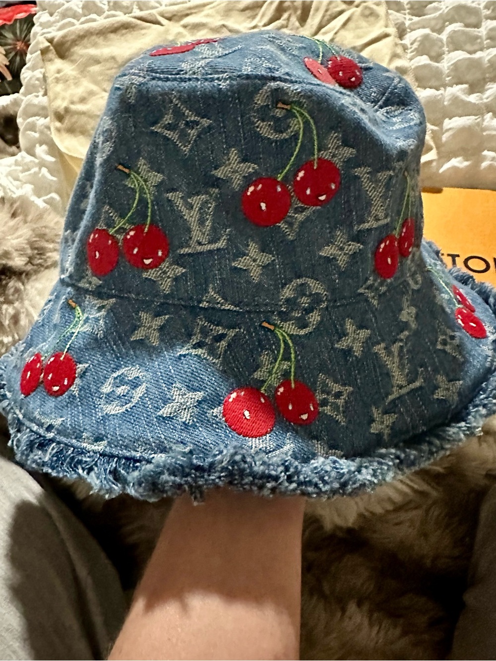 Louis Vuitton TM Murakami Denim Cerise Bucket Hat - Authentic, Full Set, Perfect